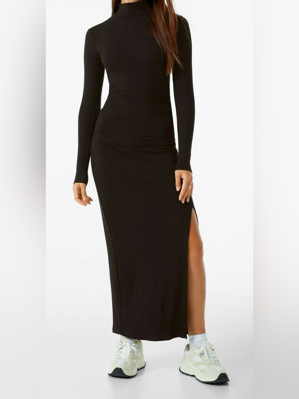 Bershka Black Long Sleeve Maxi Dress with Side Slit in Black
